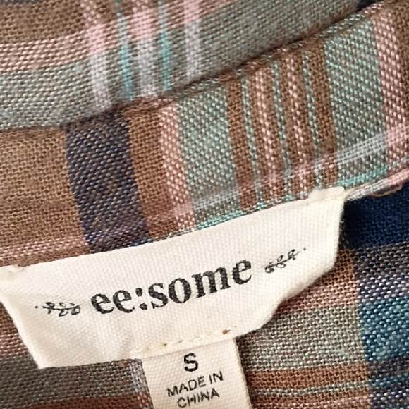 Ee:Some Brown Blue Plaid Button Up Shirt Women’s Small Rayon Boho Top Cottage - Picture 2 of 9